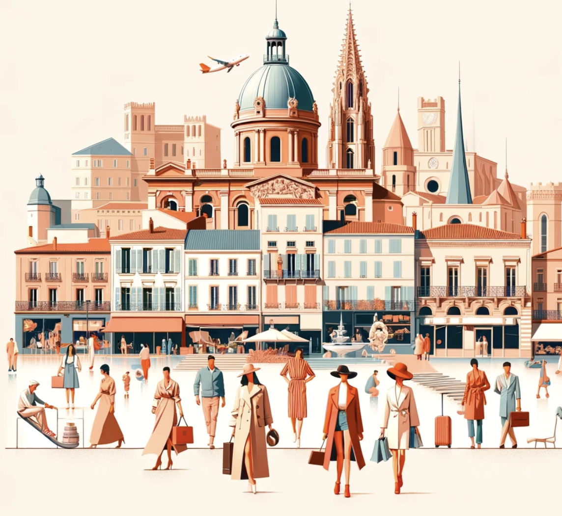 illustration de toulouse avec groupe de personne avant plan