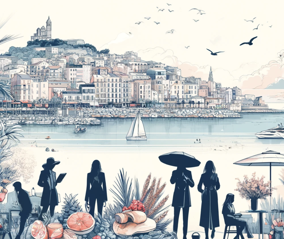 profils d influenceurs devant la mer mediterrannee sur la cote a marseille avec la cite phoceenne en arriere plan