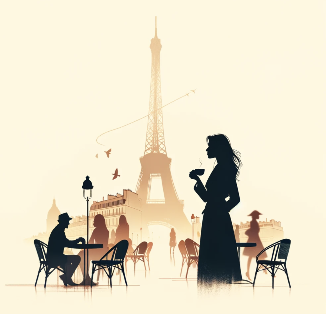 silhouette influenceur devant terrasse et tour eiffel