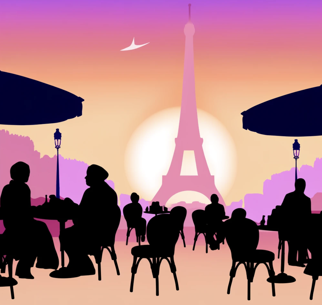 foule de silhouettes de personnes au restaurant sur terrasse a paris