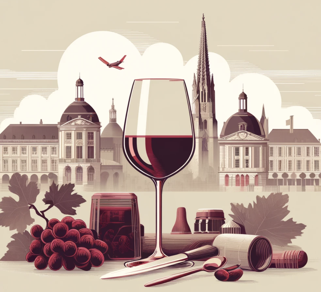 verre de vin rouge devant la ville de bordeaux avec aliments et ustensiles de cuisine