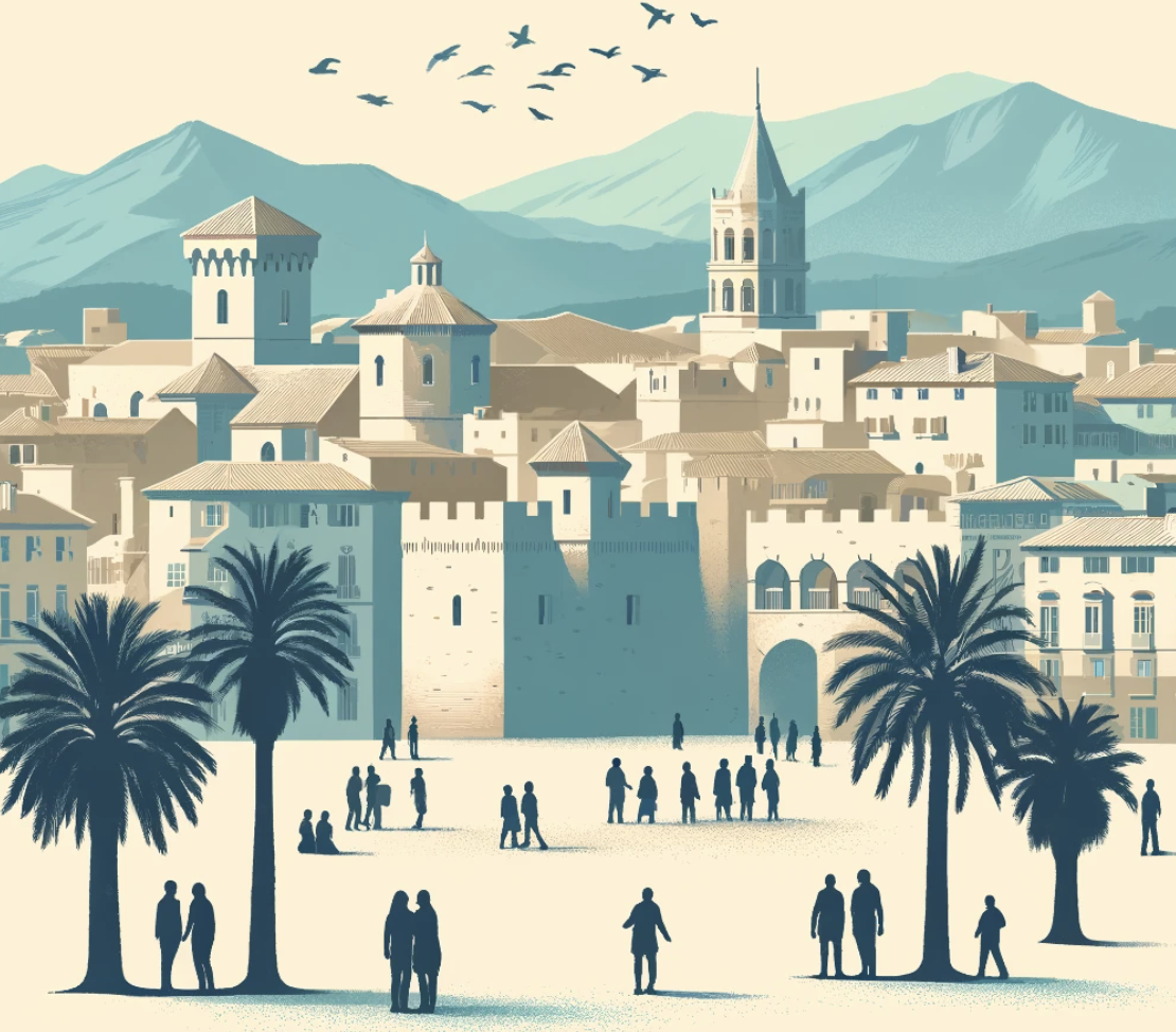 vue panoramique perpignan avec silhouettes sur place publique ensoleillée